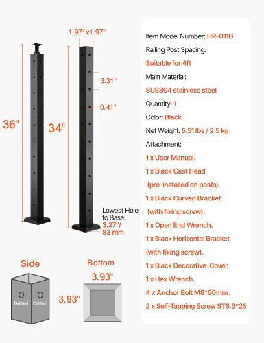 Vevro Cable Railing Post 36x2x2 Inch L-shaped Holes 1jzlgzxhs914zpbny001v0