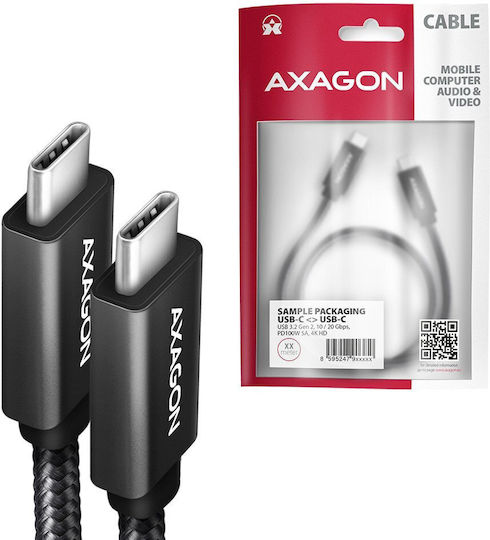 Axagon Braided USB 3.2 Video Cable USB-C male - USB-C 100W PD Μαύρο 0.5m