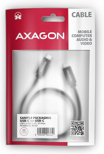Axagon Braided USB 3.2 Video Cable USB-C male - USB-C 100W PD Μαύρο 0.5m