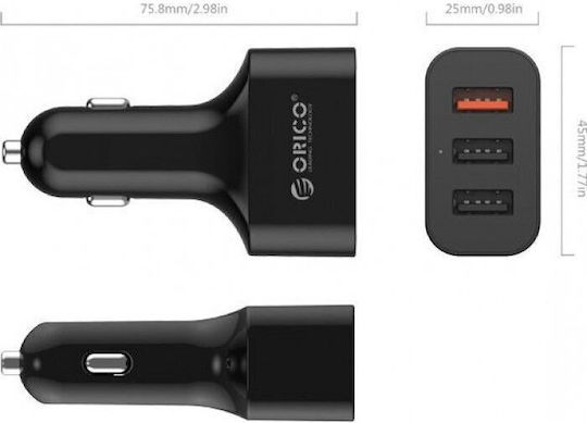 Orico Încărcător Auto 35W Cu Încărcare Rapidă Cu Porturi 3xUSB-A Culoare Neagră
