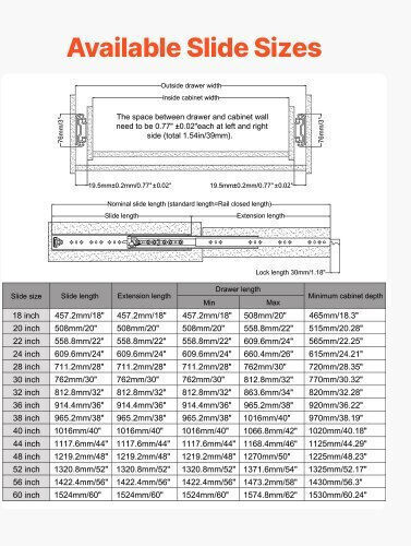 Vevor 1 Pair 18-60 In Soft-close Drawer Slides Ball Bearing Full Extension