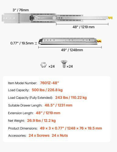 Vevor 1 Pair 18-60 In Soft-close Drawer Slides Ball Bearing Full Extension