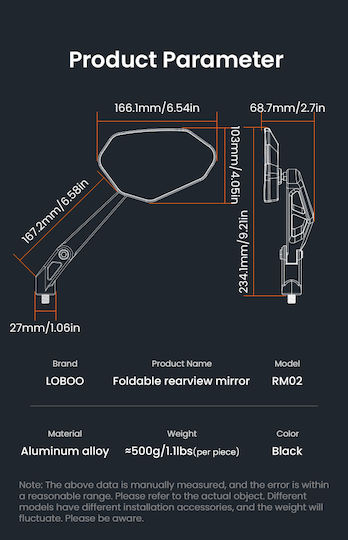 Loboo Огледала за мотоциклет 2бр Черен
