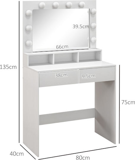 Masută De Toaletă De Podea Din Lemn Albă Cu Oglindă 80x40x135cm