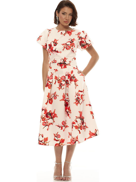 Set with High-waisted Midi Skirt Floral Red