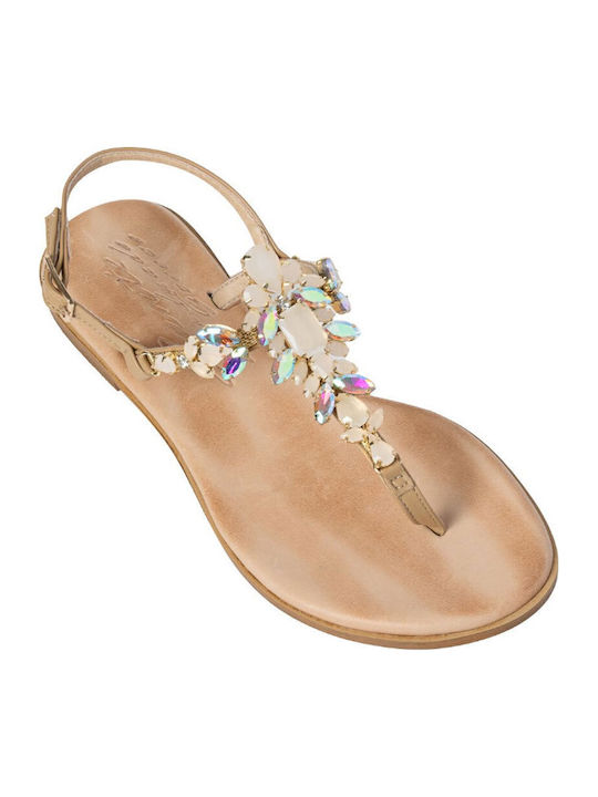 Leder Flache Sandalen für Damen in Beige Farbe