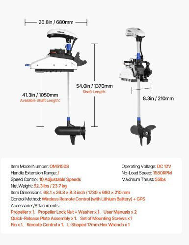 Vevor 55lb 12v Thrust Electric Trolling Motor Saltwater Boat Engine 54" Shaft