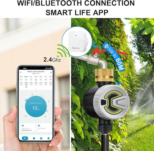 Безжичен Програматор за Поливане Wi-Fi 2.4GHz Bluetooth Управление чрез Приложение 20 Различни Програми Месингов Входящ Съединител Съвместим с Alexa Ok Google Shrivee