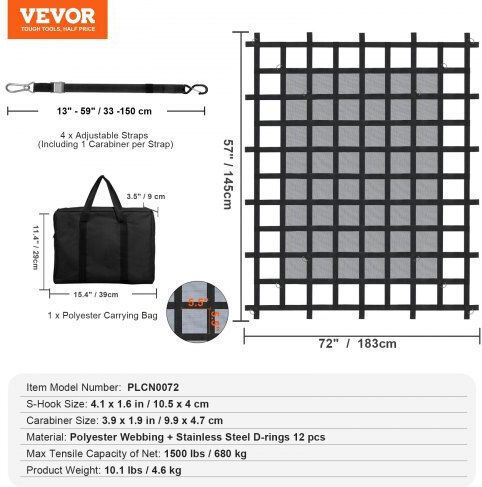 Vevor Plasă Pentru Bagaje Auto Plasă Rezistentă Pentru Bagaje Auto 72" X 57" Catarame Reglabile și Cârlige S