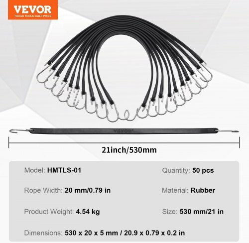 Vevor 50 Pcs Flat Bungee Cord Set 19.8 Mm Heavy Duty Bungee Straps S-hook