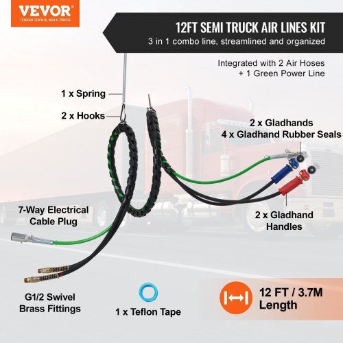 Vevor 12ft 3-in-1 Semi Truck Air Lines Kit 2pcs Glad Hands Handles