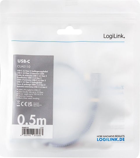 LogiLink Braided USB 3.2 Video Cable USB-C Male - USB-C Female 100W PD Black 0.5m CUA0110