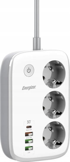 Energizer Πολύπριζο 3 Θέσεων με USB-A και Καλώδιο 2m