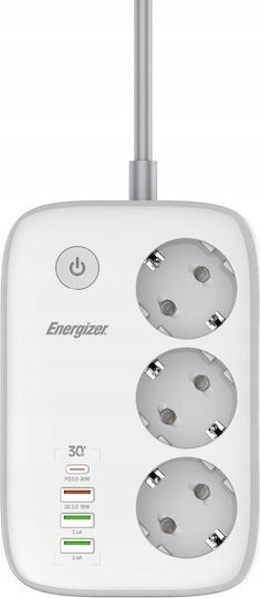 Energizer Πολύπριζο 3 Θέσεων με USB-A και Καλώδιο 2m