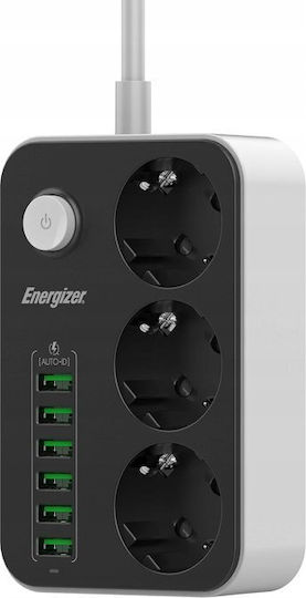 Energizer Захранваща Лента 4 Гнезда с USB-A Превключвател и Кабел 2м