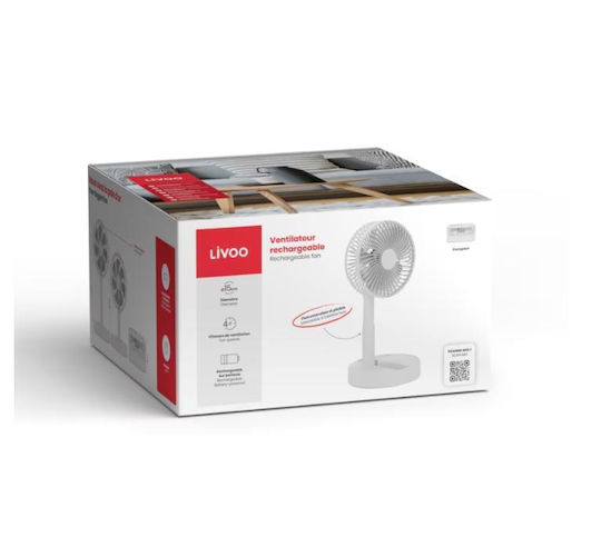 Ventilator de Birou Reîncărcabil Livoo Dom510w 4 Viteze Diametru 15 Cm Baterie 1800 Mah Autonomie 11 Ore Bază Antiderapantă Alb