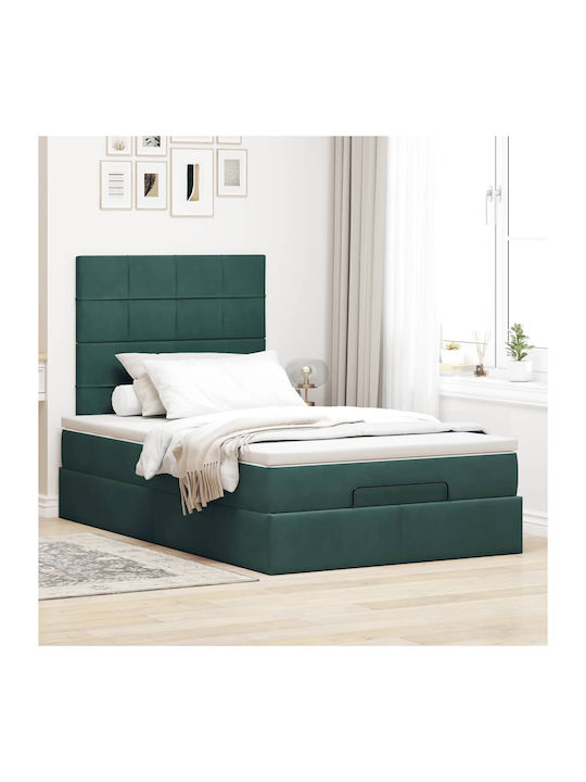 Pat Semi-dublu Tapițat cu Catifea Verde Închis cu Spațiu de Stocare Plăci și Saltea 120x190cm