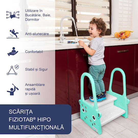 Fiziotab Mâner Scaun Booster Pentru Copii Două Niveluri Suprafață Antiderapantă Baie Bucătărie Hipoalergenic Turcoaz Albastru