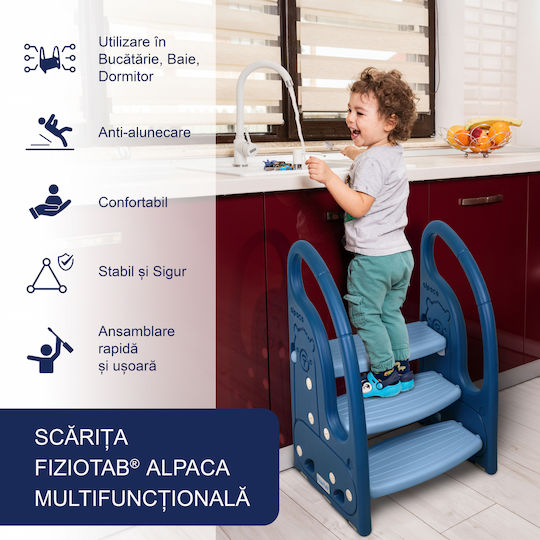 Mânere Scăunele Trepte Pentru Copii Fiziotab Tip Scară Trei Trepte Reversibilă Suprafață Antiderapantă Utilizare În Bucătărie Baie Albastră Alpaca