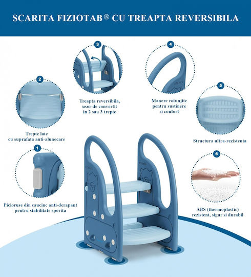 Mânere Scăunele Trepte Pentru Copii Fiziotab Tip Scară Trei Trepte Reversibilă Suprafață Antiderapantă Utilizare În Bucătărie Baie Albastră Alpaca