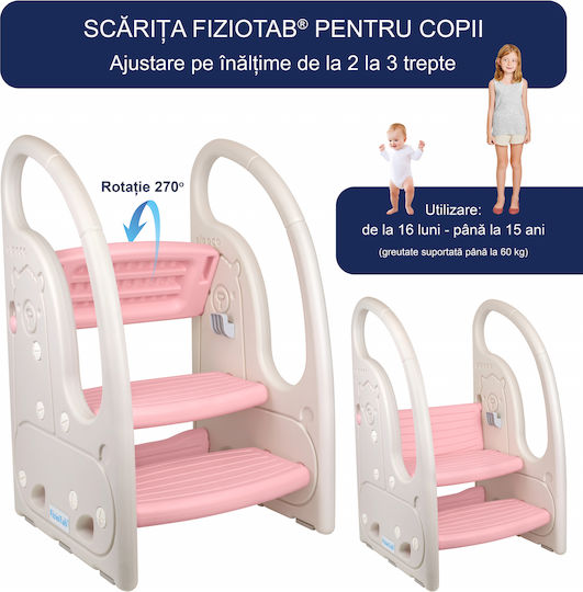 Mânere Scăunele Trepte Pentru Copii Fiziotab Tip Scară Trei Trepte Reversibil Suprafață Antiderapantă Utilizare În Bucătărie Baie Alb Roz Alpaca