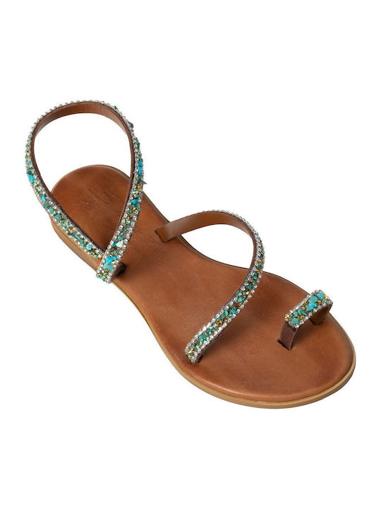 Leather Women's Flat Sandals in Turquoise Color