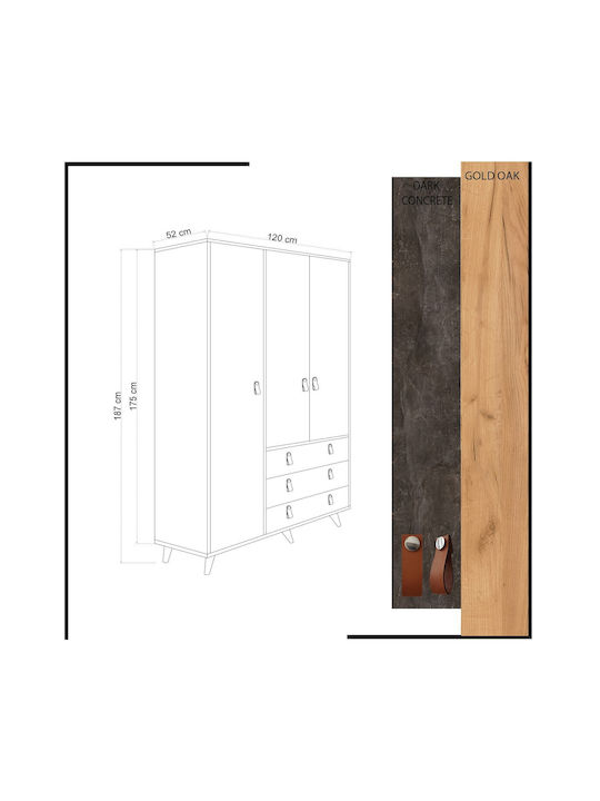 Triple Door Wardrobe Chunky Oak-dark Grey 120x52x187cm