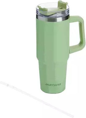 Muitomas Handled Tumbler Thermos Plastic 900ml Green with Straw and Handle