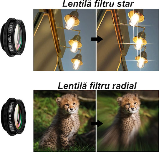 Kit 10 Obiective Cameră Set Lentile Telefon Tabletă Fish Eye Unghi Larg 0.63x Macro 15x Teleconvertoare Kaleidoscopic Flow Filtru CPL Stea Radială Clește Universal Husă Neagră