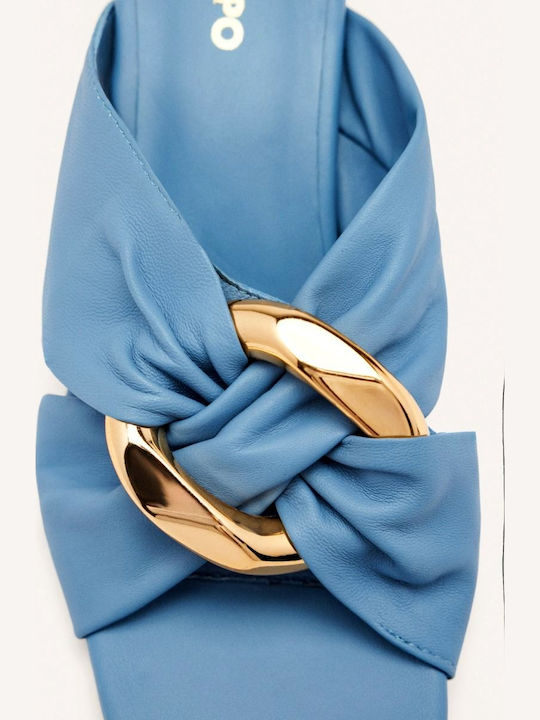 Leder Mules mit Niedrig Absatz in Blau Farbe