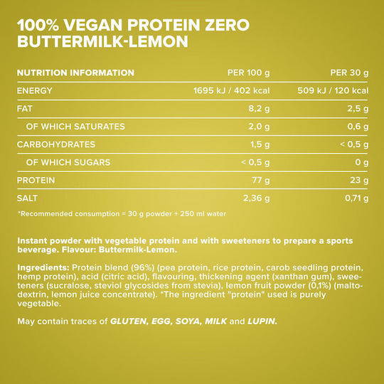 IronMaxx 100% Vegan Protein Zero Χωρίς Λακτόζη με Γεύση Buttermilk Lemon 500gr