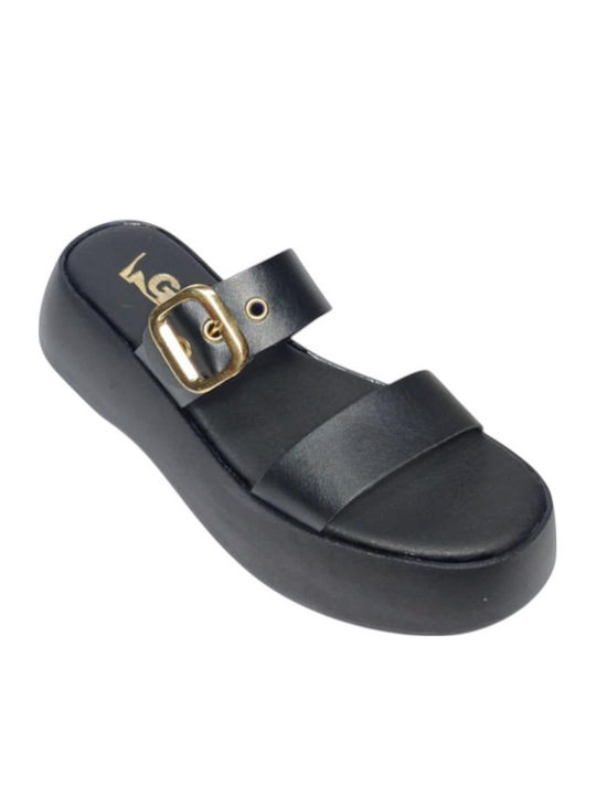 Leather Women's Flat Sandals in Black Color