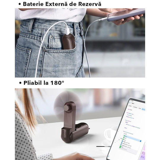 Ultra Portabil 3 În 1 Ventilator De Mână Birou Gât 3 Niveluri De Viteză Pliabil Baterie Portabilă 2000mah Autonomie 20h Skdr Airmini Maro