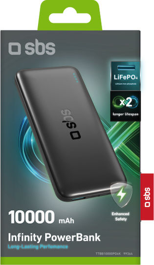 SBS Power Bank 10000mAh 10W με Θύρα USB-A και 2 Θύρες USB-C Μαύρο