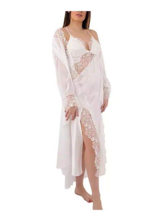 FMS Sommer Braut Damen Bademantel mit Nachthemd Weiß BT915-Weiß