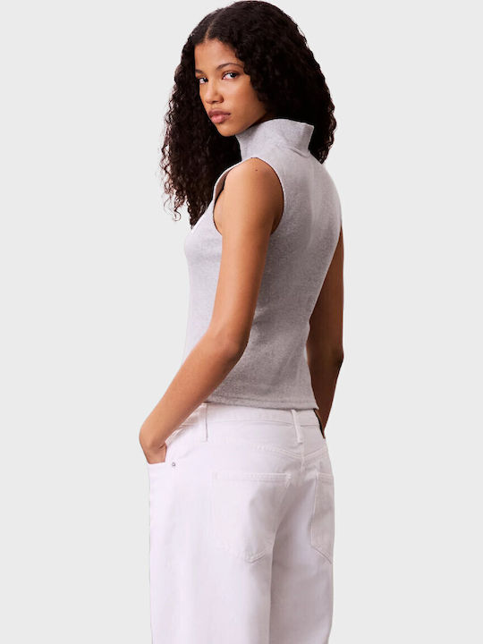 Damen Bluse Baumwolle Ärmellos mit Reißverschluss Light Grey Melange