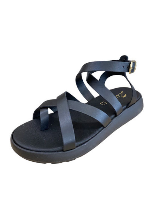 Leather Women's Flat Sandals in Black Color