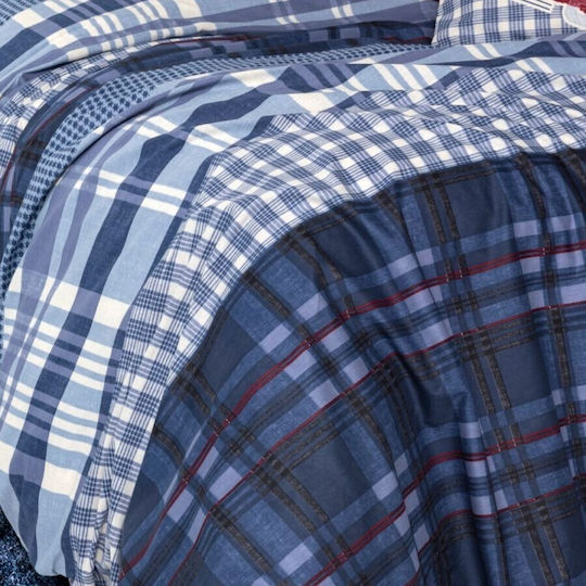 Double Bed Sheet Set Checkered Pattern 100% Ranforce Cotton Cotton Box Roger Blue