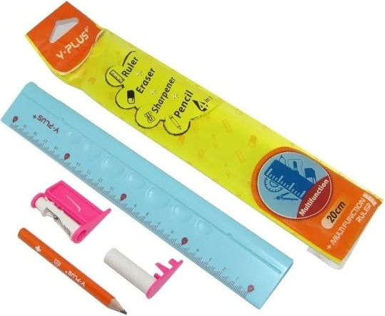 Y-Plus+ 4 σε 1 Χάρακας Πλαστικός 20cm (Διάφορα Χρώματα) με Ξύστρα, Γόμα & Μολύβι