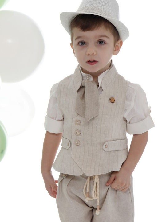 Mi Chiamo Baptism Suit with Vest for Boys Linen Beige A4767