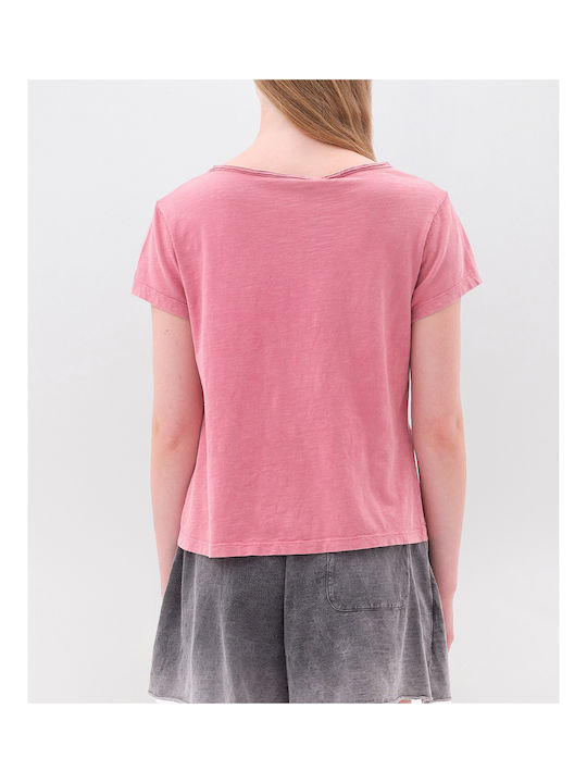 Γυναικείο Crop Top Βαμβακερό Κοντομάνικο με V Λαιμόκοψη Ροζ