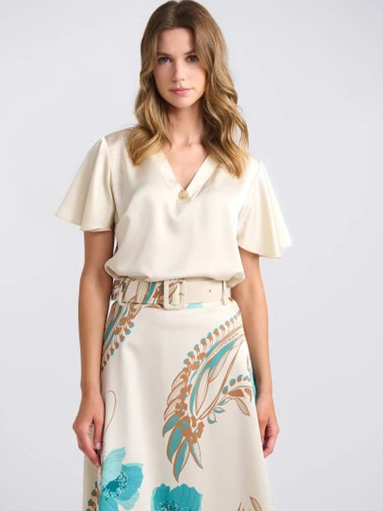 Women's Blouse Satin Short Sleeve with V Neckline Beige