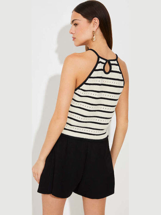 Damen Bluse Ärmellos Gestreift Beige/black