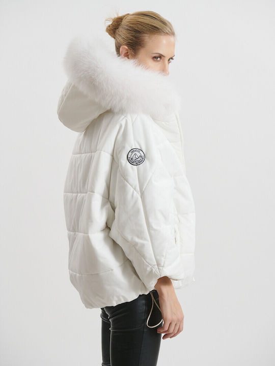 Kurz Damen Puffer Jacke Wasserdicht und Winddicht mit pelziger Kapuze für Winter Weiß