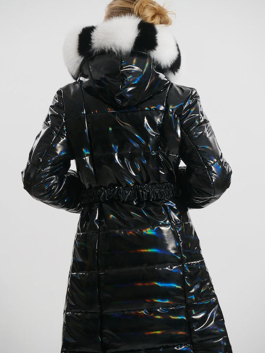 Women's Long Puffer Jacket Waterproof and Windproof for Winter with Hood Black