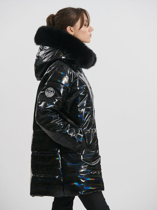 Women's Puffer Jacket Waterproof and Windproof for Winter with Hood Black