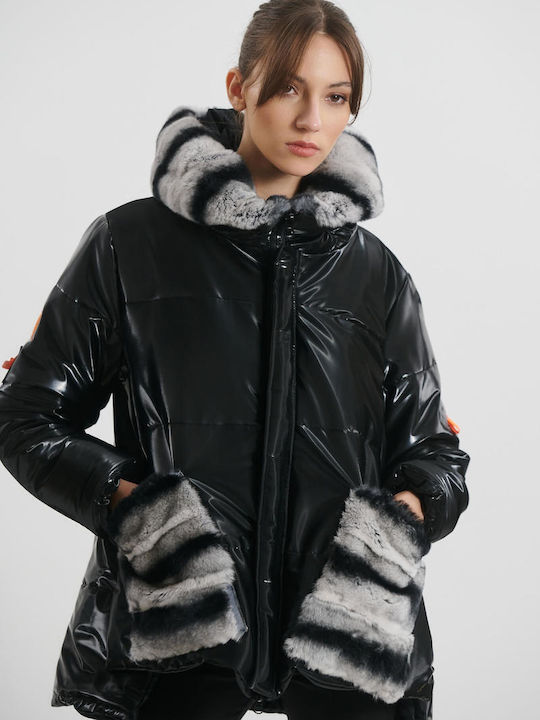 Women's Puffer Jacket Waterproof and Windproof for Winter with Hood Black