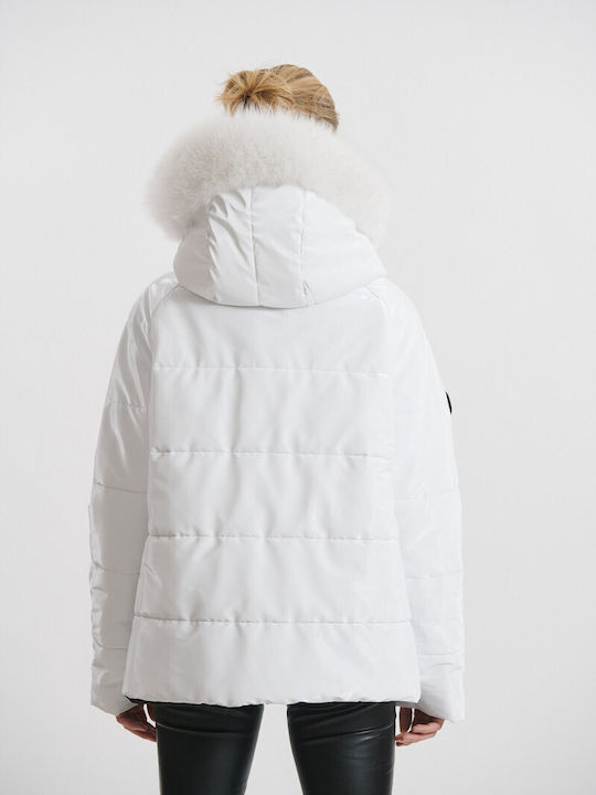 Women's Puffer Jacket Waterproof and Windproof for Winter with Detachable Hood White