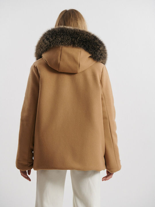 Women's Short Lifestyle Jacket Double Sided for Winter with Hood Brown