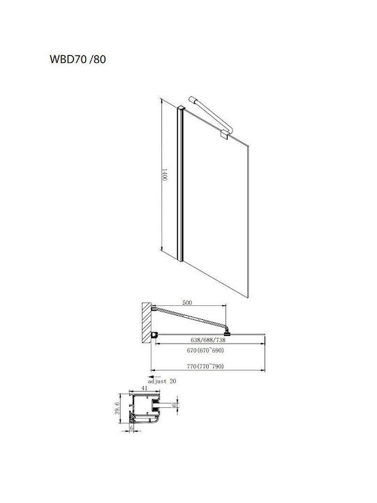 Fixed Bathtub Panel 80 cm Diagonal Support Arm 6 mm Glass Height 140 cm Axis Wbx80t-100
